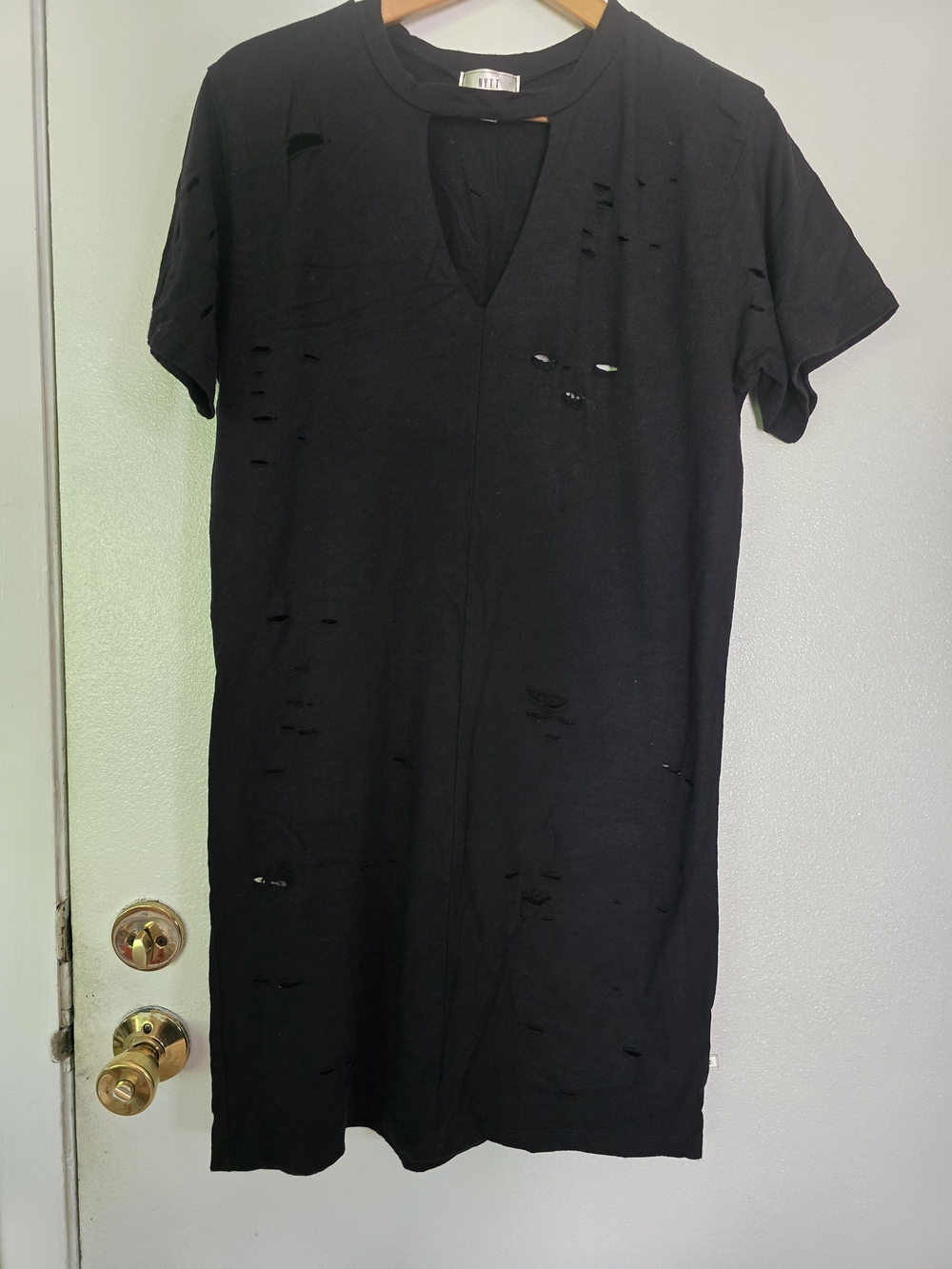 Black Distressed V-Neck Short Sleeve Dress